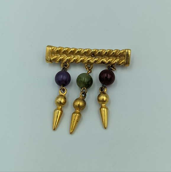 Vintage Gold Tone Unsigned Bar Brooch with Dangles Semiprecious Gemstones Beads - Picture 5 of 9
